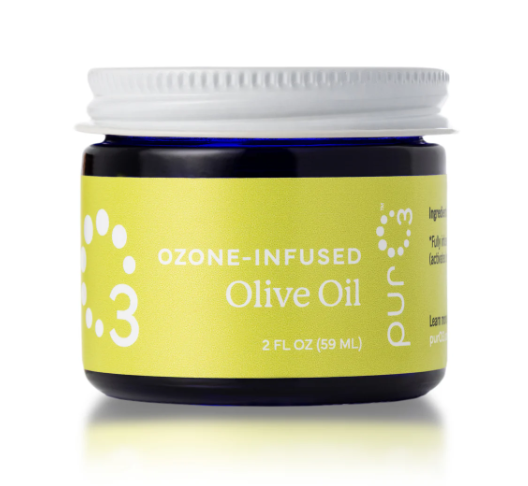 Ozone-infused olive oil jar with a white lid on a white background