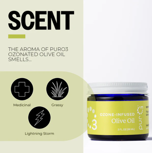 Ozone-infused olive oil container with 'Scent' description on a white background