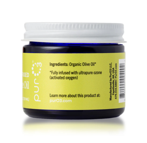 Jar of organic olive oil with a yellow label on a white background